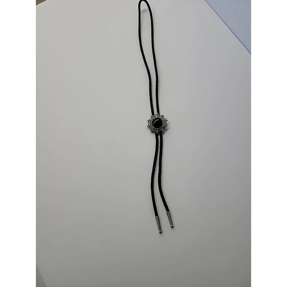 Black Bolo‎ Necklace Silver Tone Filigree Black Cabochon Western Cord Slide